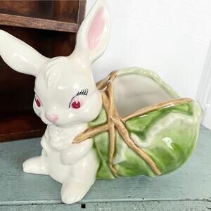 Vintage Hand Painted Bunny Planter Easter Rabbit Cabbage Lettuce 1978